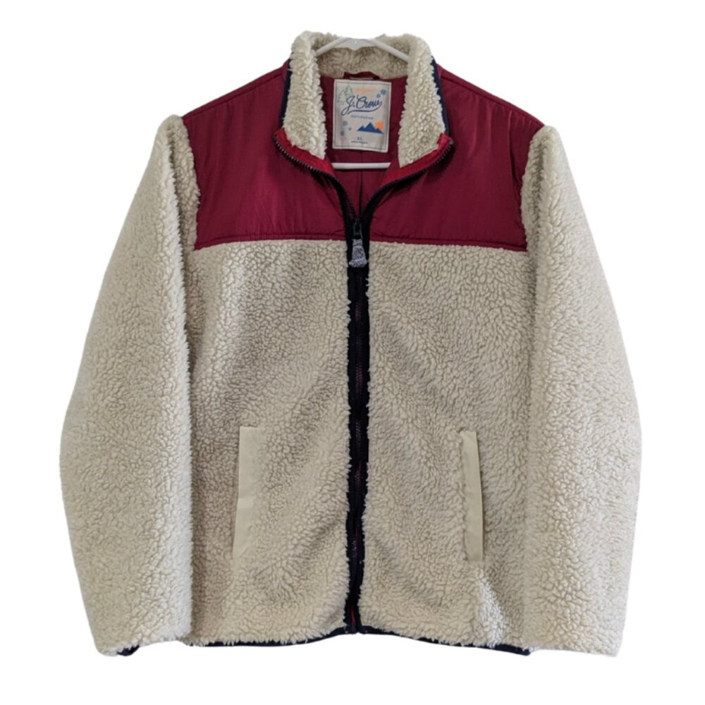 Original J. Crew Boy's Beige Faux Fur Sherpa Jacket, Size XL, Red Accents
